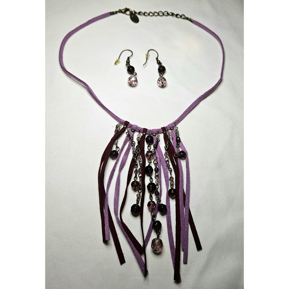 Boho Fringe Necklace & Earring Set Womens OS Purple Beaded Suede Style